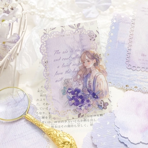 Pegatinas de papel de encaje floral púrpura vintage con ilustraciones para manualidades DIY