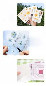 Macro detail of die-cut floral stickers and girl illustrations on washi paper material
