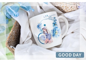 Detail of ceramic mug featuring floral girl illustration on white cotton and rattan