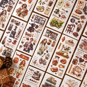 Retro coffee theme DIY transfer stickers with vintage hand-drawn illustrations for journaling
