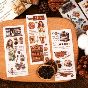Vintage coffee theme planner stickers with hand-drawn cafe illustrations and quotes
