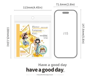 Detailed size chart of Floral Girl stickers showing dimensions 113x130mm and PET material