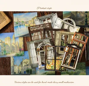 Detailed view of vintage aesthetic scrapbook papers with European architectural prints