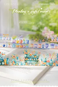Detailed close-up of botanical PET tape featuring hand-drawn potted plants on an open book