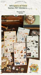 Gros plan d'autocollants PET vintage aux motifs de fleurs et chats pour scrapbooking DIY