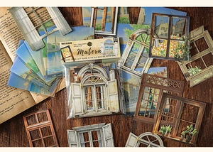 Detalle de pegatinas de papel decorativas estilo ventana vintage para DIY diario