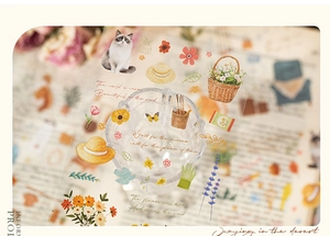 Détail d'autocollants en PET avec chats et motifs floraux sur magazine vintage