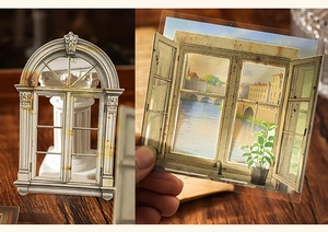 Detalle de pegatinas de ventanas vintage europeas con vistas arquitectónicas transparentes