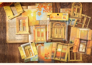 Detalle de pegatinas de ventanas vintage para scrapbooking y diarios creativos