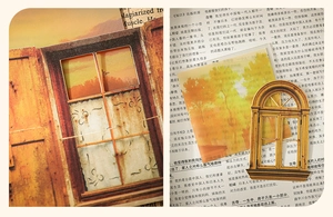 Detalle de pegatinas vintage tipo ventana para scrapbooking con diseños de bosque y ocaso