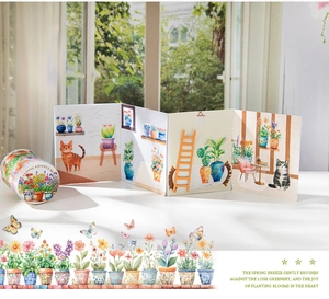 Gros plan sur ruban adhésif washi botanique avec chats et plantes pour le scrapbooking