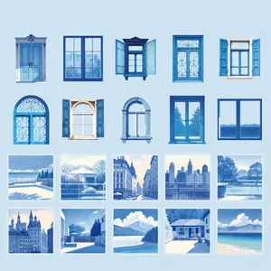 Detail of 20 Morrocan style watercolor stickers featuring blue windows and scenery