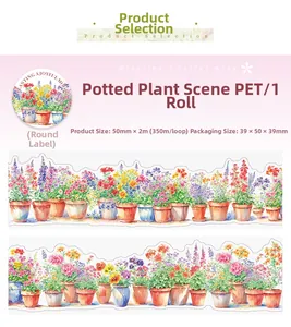 Detail of PET decorative tape with watercolor potted plant patterns and specifications