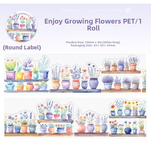Detail of 50mm PET floral tape showing watercolor potted plants and garden patterns