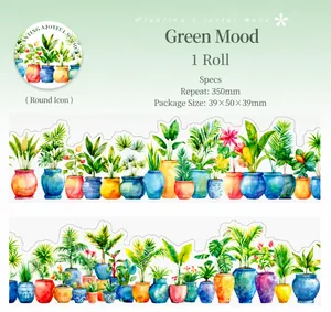 Macro detail of 50mm floral PET tape showing watercolor plants and gardening patterns