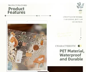 Détail d'autocollants PET imperméables avec illustrations de chats et de plantes et gouttes d'eau