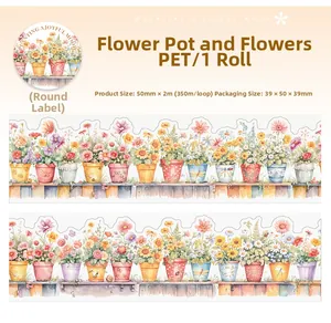 Detail view of floral PET decorative tape with watercolor flower pots and plant designs