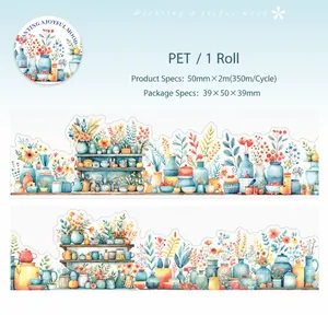 Detail of PET decorative tape with watercolor floral, plants, and bottles designs for journaling