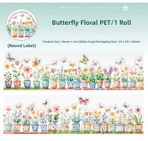 Macro detail of Butterfly and Flowers PET tape with watercolor plant patterns and cycles