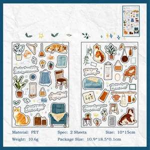 Détail d'autocollants en PET avec chats, plantes et meubles de style nordique dessinés à la main