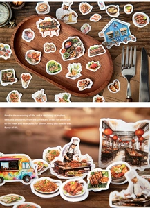 Artistic watercolor food stickers with pizza, sushi and dessert for DIY journal scrapbooking