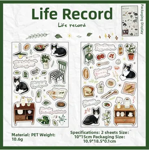 Détails d'autocollants PET avec chats et plantes dessinés pour le scrapbooking DIY