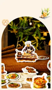Macro detail of watercolor cooking stickers featuring chefs and food on a rustic background