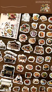 Flat lay of 40pcs hand-drawn gourmet food stickers for scrapbooking and DIY journaling
