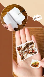 Detail of self-adhesive food stickers with macro view showing peel-off backing and size