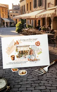 Detail of vintage illustration stickers featuring coffee and figures for scrapbooking