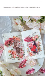Scrapbook scene featuring floral umbrella stickers with roses and vintage motifs