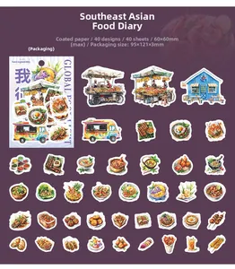 Flat lay of 40 pieces Nanyang food scrapbooking stickers on a dark purple background