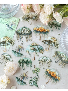 Detail of 20 vintage floral umbrella PET stickers for scrapbooking and DIY decor