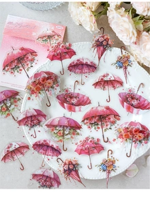 Detail of Pink Glazed Peach floral umbrella PET stickers for scrapbooking decoration