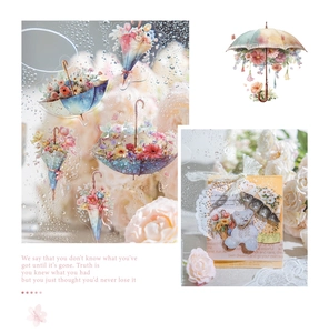Detail of PET stickers featuring watercolor floral umbrellas and bears for DIY journaling