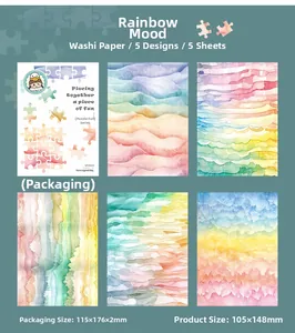 Dettaglio macro di adesivi washi puzzle arcobaleno per decorazioni DIY, set di 5 fogli
