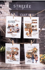 Pegatinas y tarjetas decorativas retro de café colgadas con escenas artísticas ilustradas