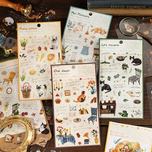 Autocollants en PET Rétro Vintage pour Journal Chat Fleur Meubles Botaniques Autocollants Décoratifs pour Scrapbooking DIY Hand Account