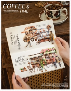 Detalle de pegatinas de café en un cuaderno con un ambiente creativo y acogedor