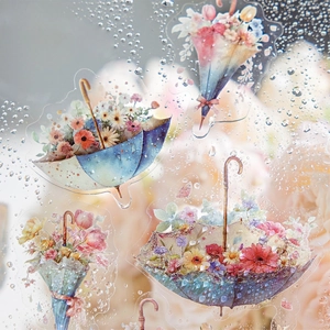 Floral umbrella decorative PET stickers set with waterproof transparent flower illustrations