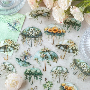 Floral PET stickers featuring watercolor umbrellas and flowers for DIY scrapbooking, 20PCS