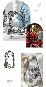 Dettaglio macro di cornici per collage argento traforate con motivi floreali e farfalle