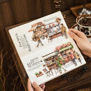Vintage koffie thema scrapbooking stickerset met café en lifestyle scènes op papier