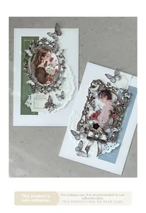 Nahaufnahme von Vintage-Hohlcollagekarten mit Silberrahmen und eleganten Illustrationen
