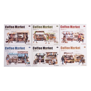 Coffee Market PET stickerserie met 6 stijlen handgetekende café- en straatscènes