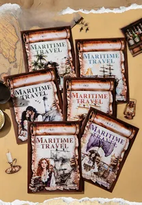 Detail showing vintage maritime travel PET stickers with nautical lighthouse and ship designs