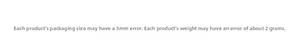 Detailanzeige der Produktgrößen- und Gewichtstoleranzen inklusive 3mm und 2g Abweichung