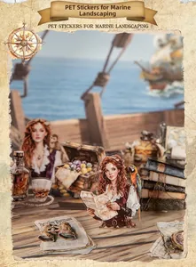 Detail of vintage PET stickers featuring nautical themes with pirates and ocean maps