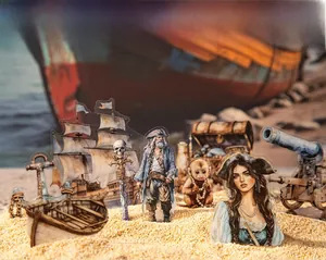Close-up of vintage pirate stickers set featuring ships and anchors on beach sand