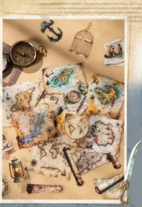 Close-up of vintage nautical PET stickers featuring compass, world map, and anchor designs
